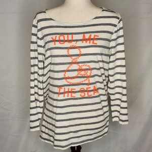 Old Navy Grey & White Striped 3/4 Sleeve Shirt Size L